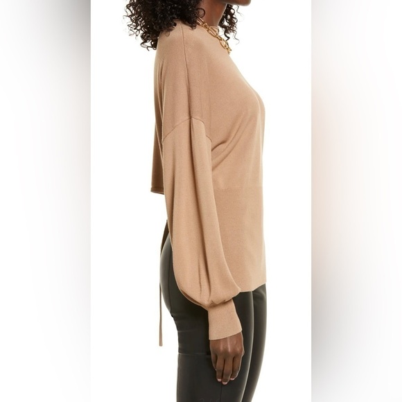 Tie Back Belt Ribbed Mocha Mousse Sweater Mock Neck Billow Sleeve Size L NWT - Picture 8 of 16
